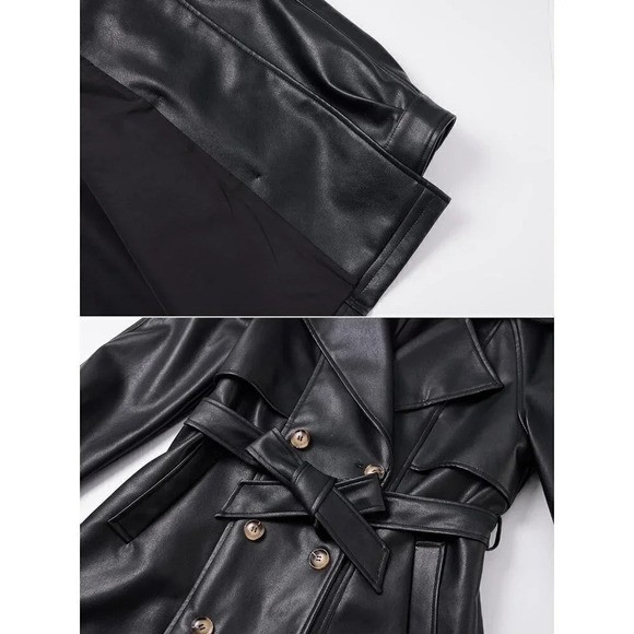 Risissida Women Mid Length Faux Leather Trench Coat Winter Belted Long Jacket - Picture 7 of 8